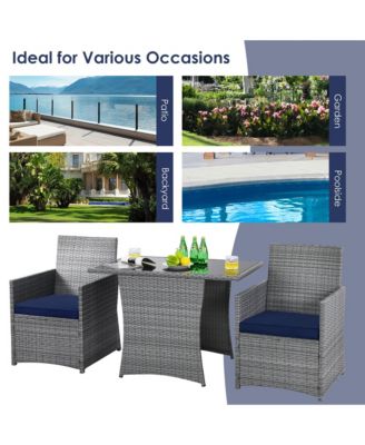 3PCS Outdoor Rattan Conversation Set Patio Dining Table Set w/ Navy Cushions
