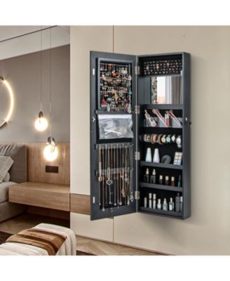 Door Wall Mount Touch Screen LED Light Mirrored Jewelry Cabinet Storage