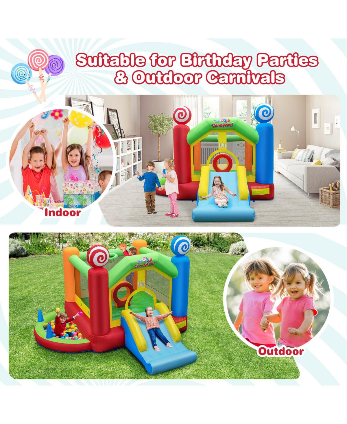 Slickblue Candy Land Theme Kids Inflatable Bounce House with 735W Air Blower