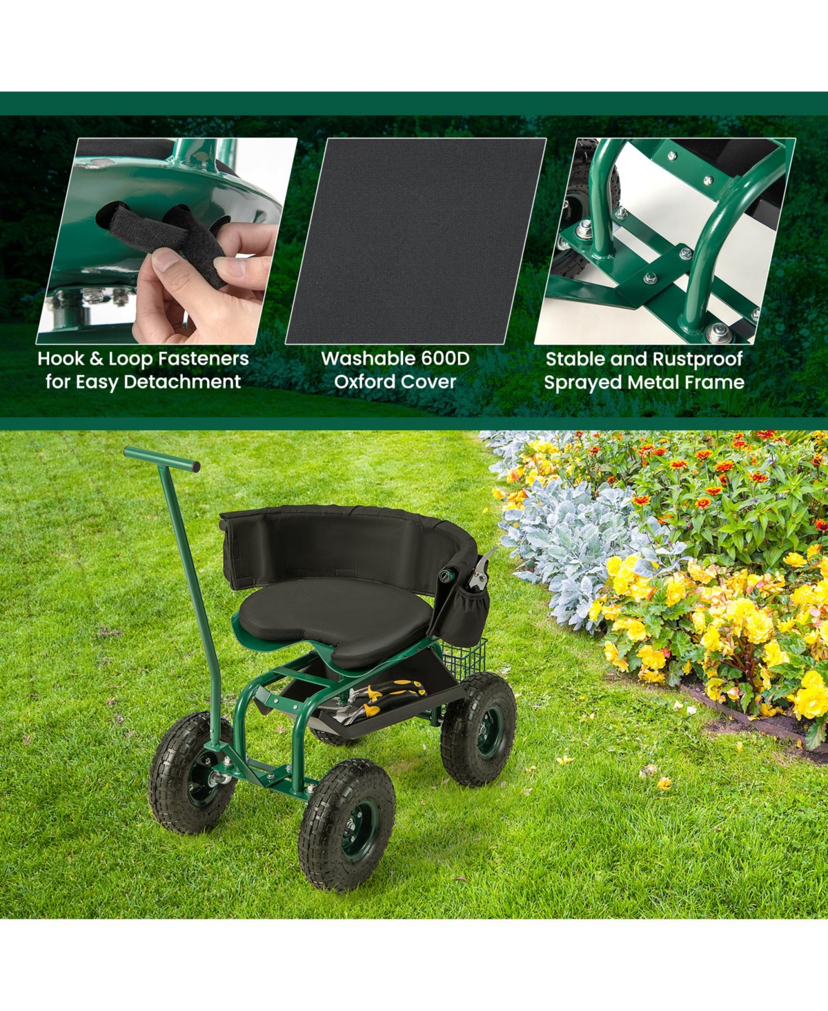 Sugift Rolling Garden Cart with Height Adjustable Swivel Seat and Storage Basket