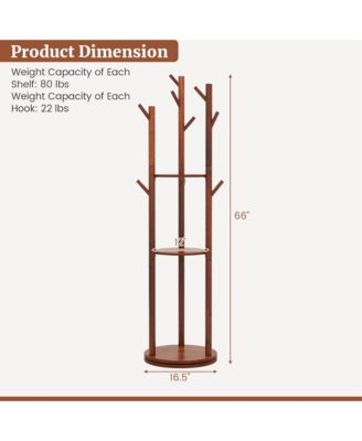Freestanding Wooden Coat Tree 360&amp;#xB0; Rotary Coat Rack with 3 Display Storage Shelves
