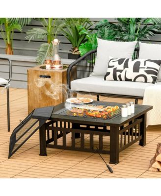 32'' 3 in 1 Outdoor Square Fire Pit Table W/ BBQ Grill Rain Cover for Camping