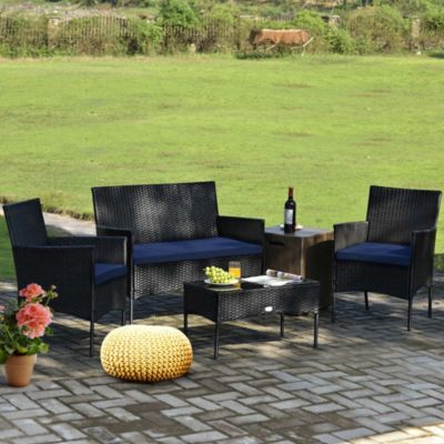 4 PCS Rattan Patio Furniture Set Cushioned Sofa Chair Coffee Table
