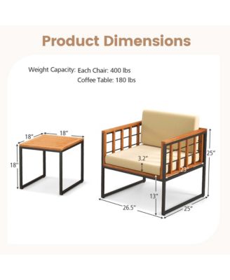 3 PCS Patio Chair Set Acacia Wood Sofa Set with Metal Support Soft Seat Cushions