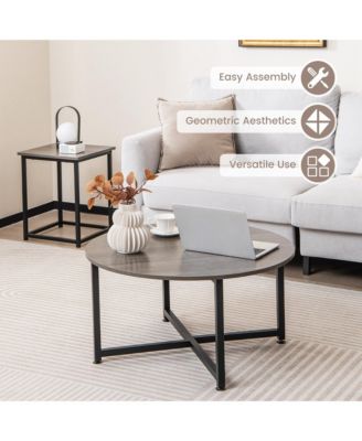 3 PCS Coffee Table Set Round Coffee Table and 2 PCS Square End Tables Metal Frame