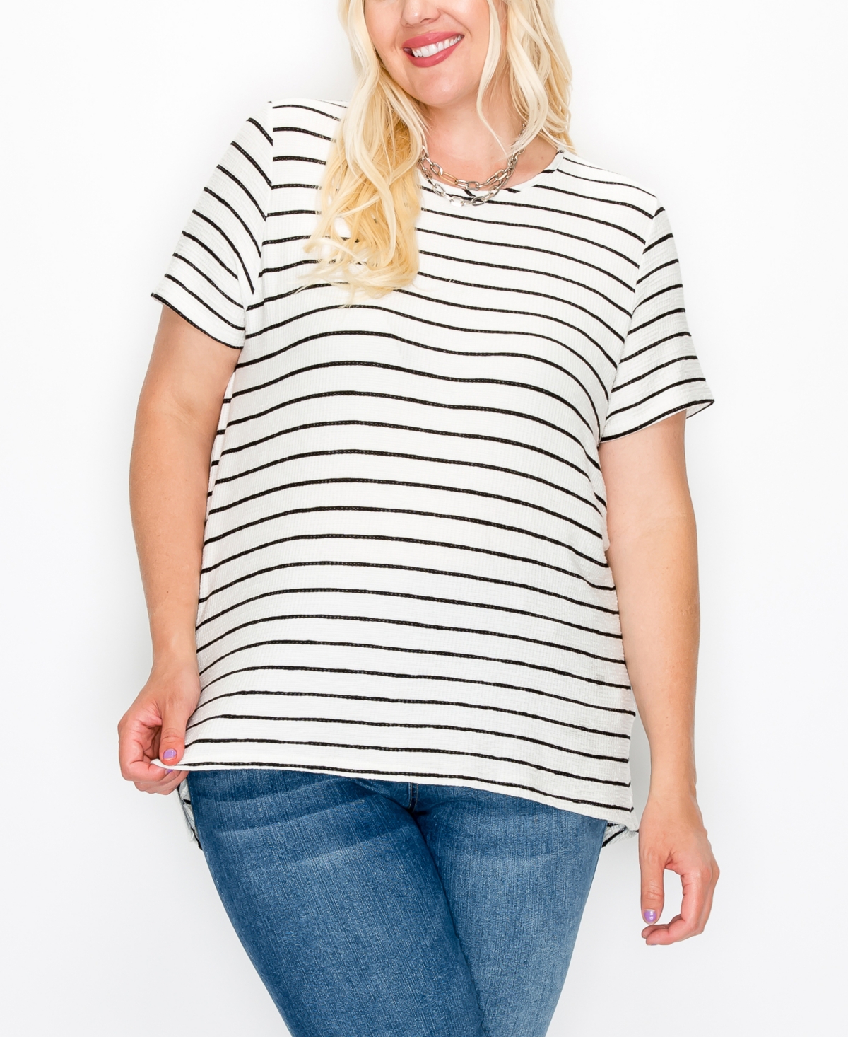Coin 1804 Plus Size Pointelle Stripe Button Back Top In Ivory Black
