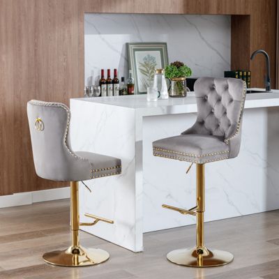 Streamdale Gray Velvet Swivel Bar Stools, Set of 2