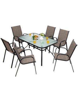 6 Pieces Patio Stackable Dining Chairs with Curved Armrests and Breathable Fabric