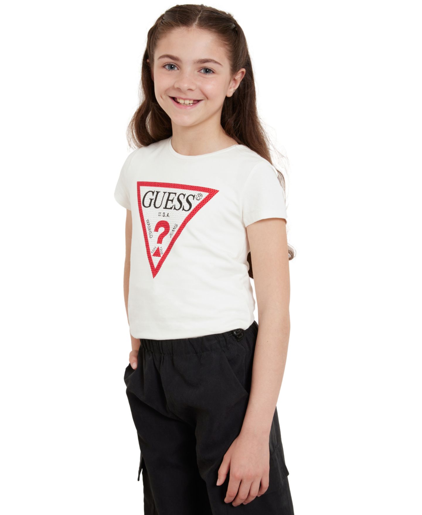 Футболка GUESS Triangle Rhinestone Logo T-shirt для девочек, цвет: Белый — фото 1