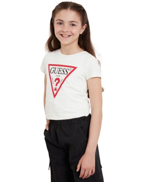 Футболка GUESS Triangle Rhinestone Logo T-shirt для девочек, цвет: Белый