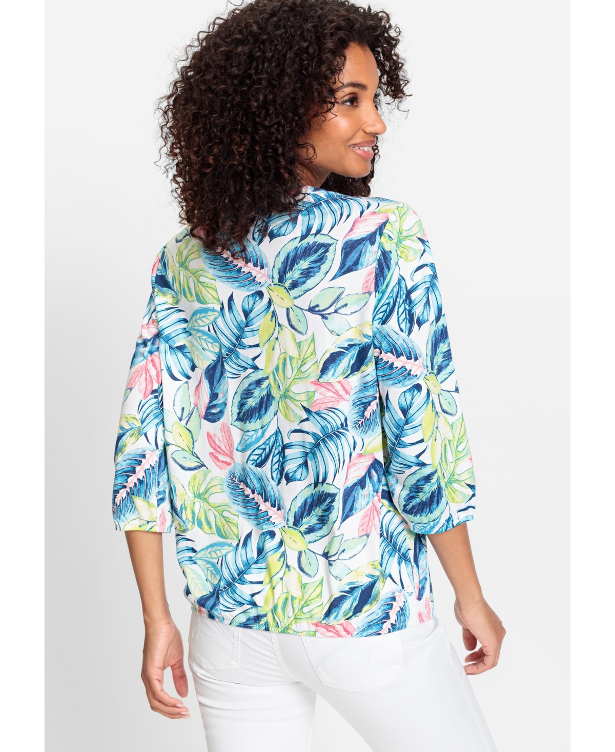 Olsen Women's 3/4 Sleeve Tropic Print Tunic Tee