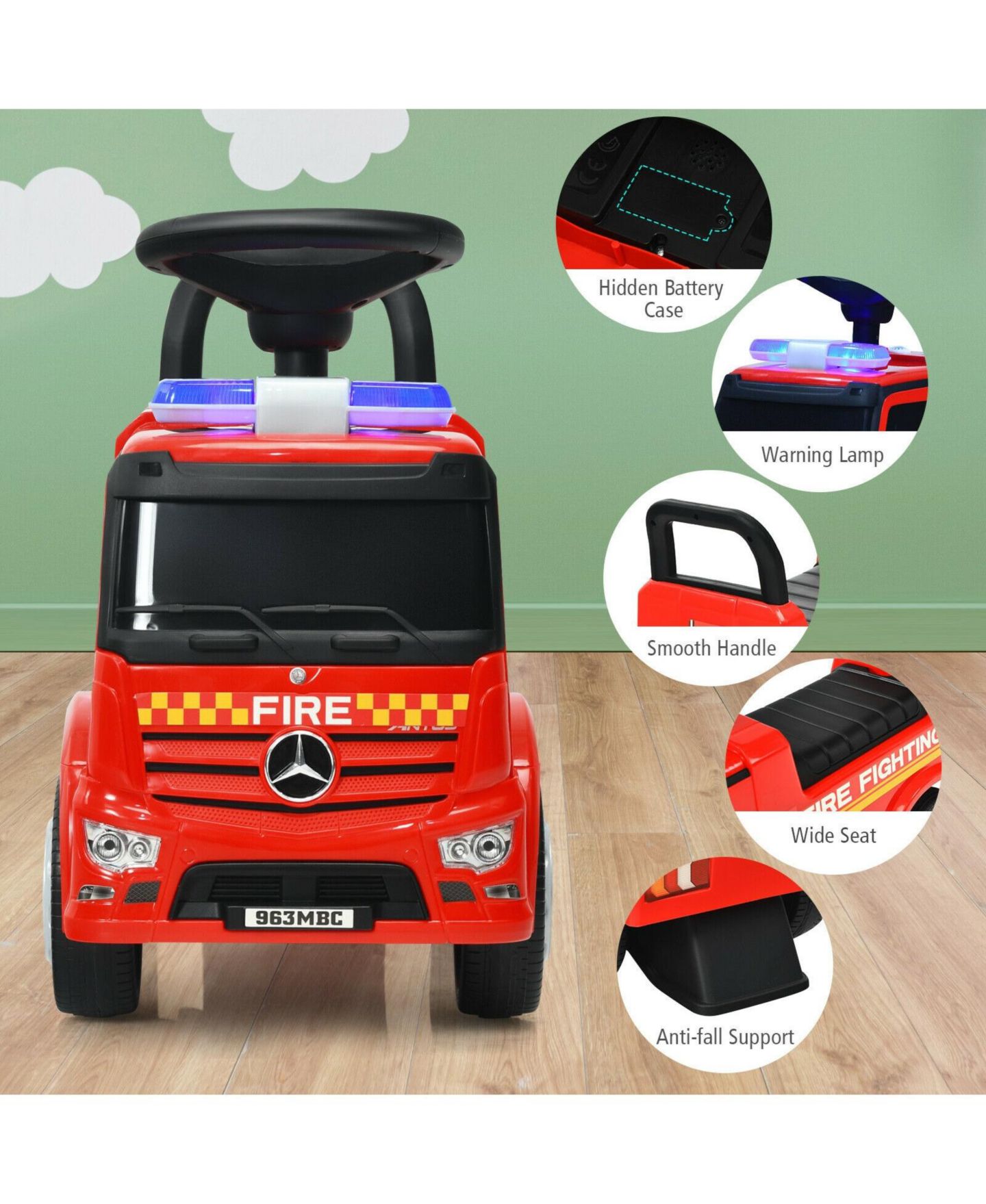 Детская игрушка SUGIFT Licensed Mercedes Benz Fire Engine Racer Ride-On Push Car, Ages 1+ — фото 6