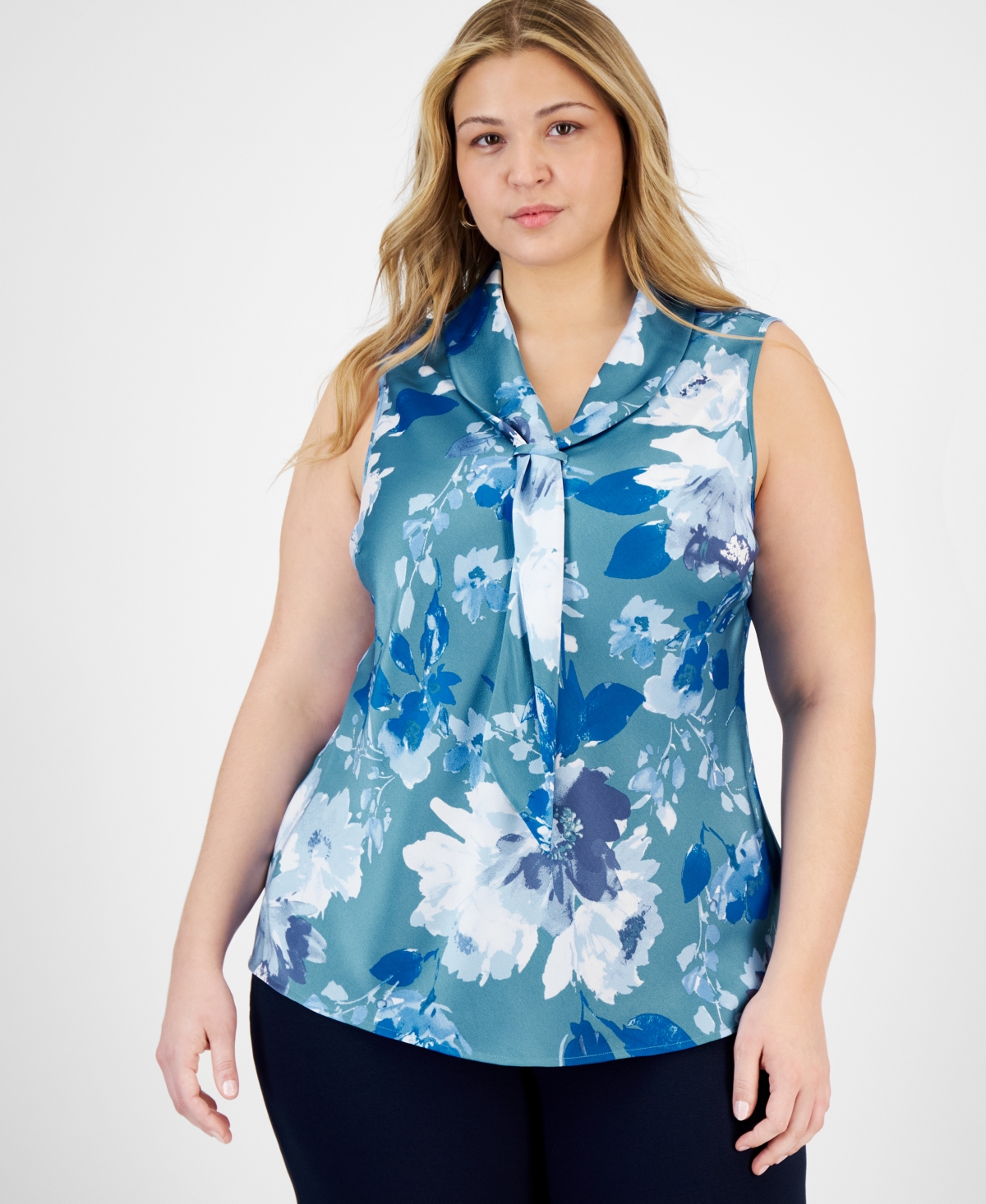 Plus Size Printed Sailor Tie-Neck Blouse - Teal Blue