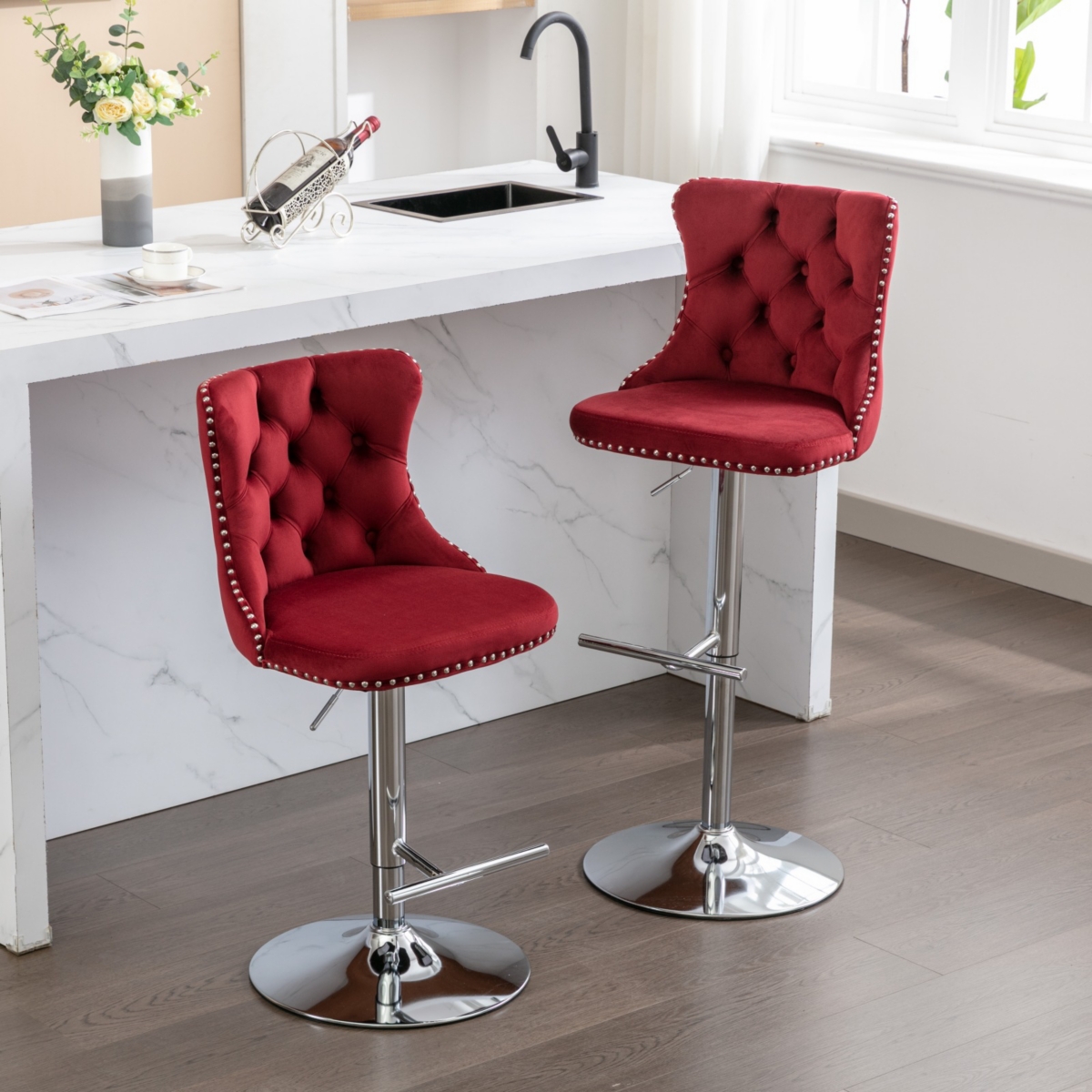 Simplie Fun Adjustable Swivel Barstools Set in Wine Red