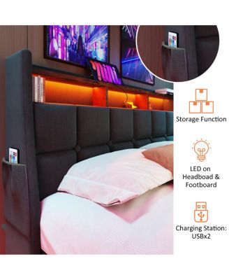 Streamdale Grey Upholstered Platform Bed with Storage & LED