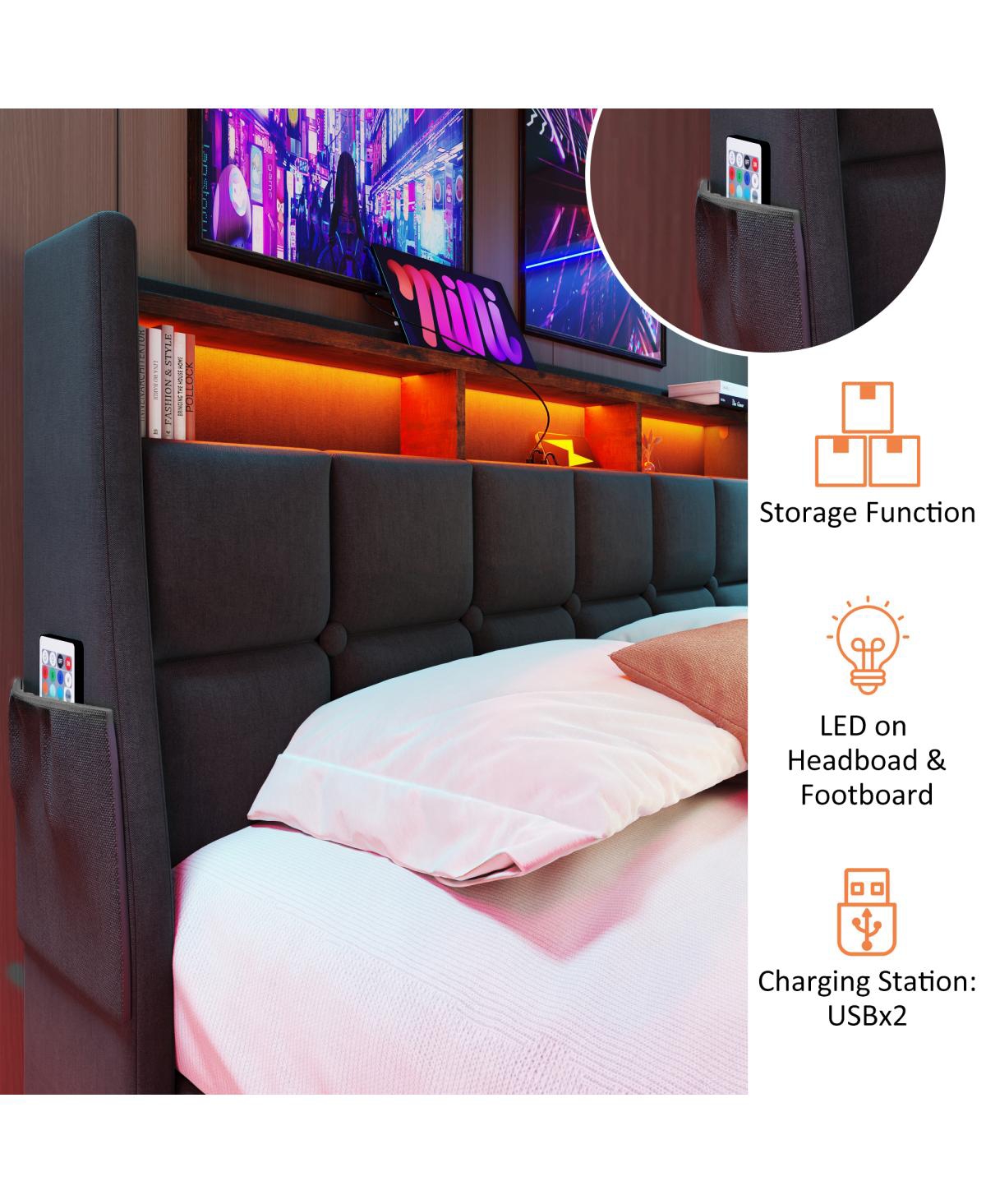 Streamdale FurnitureUpholstered Platform Bed with Storage & Led - Grey