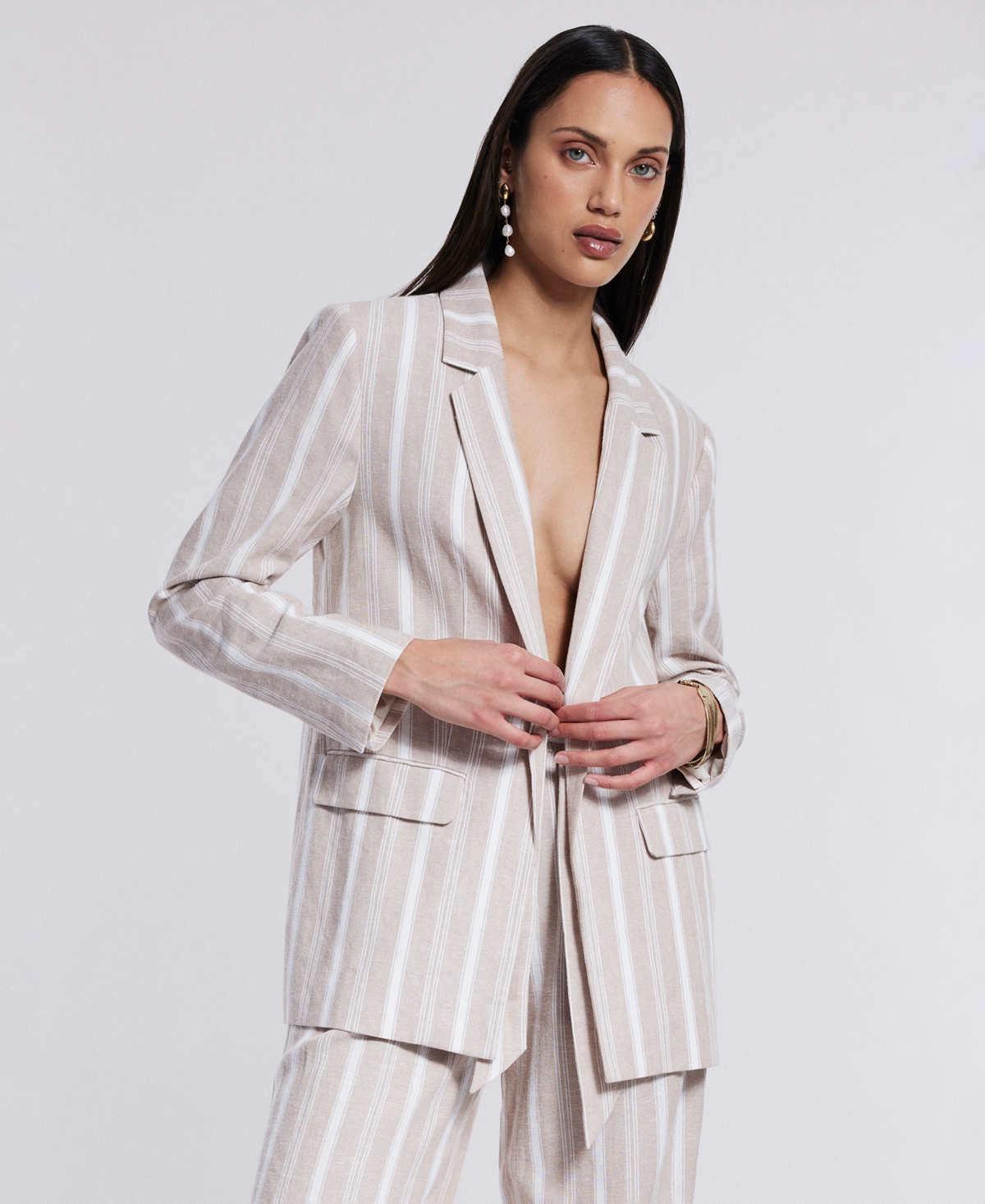 Women's Open-Front Notch-Lapel Blazer - Tan Stripe