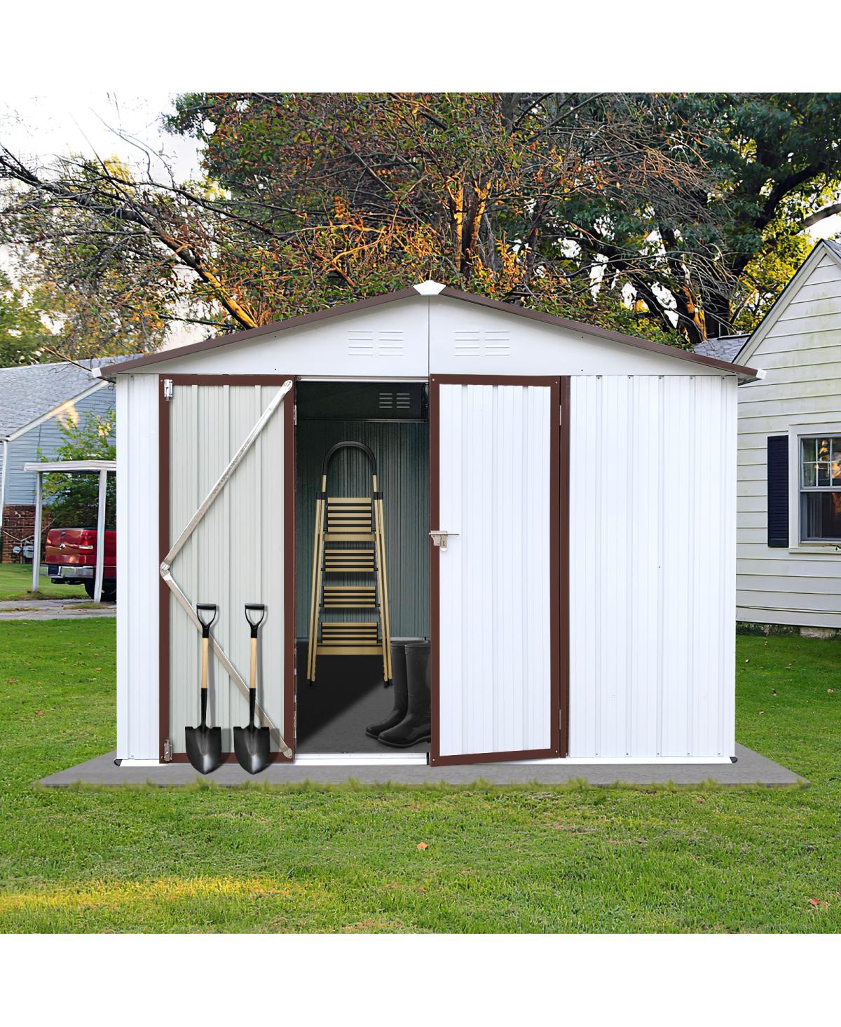 Metal Garden Sheds 10FTx8FT Outdoor Storage Sheds White+Coffee - White