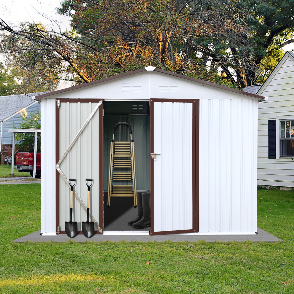 Metal Garden Sheds 10FTx8FT Outdoor Storage Sheds White+Coffee - White