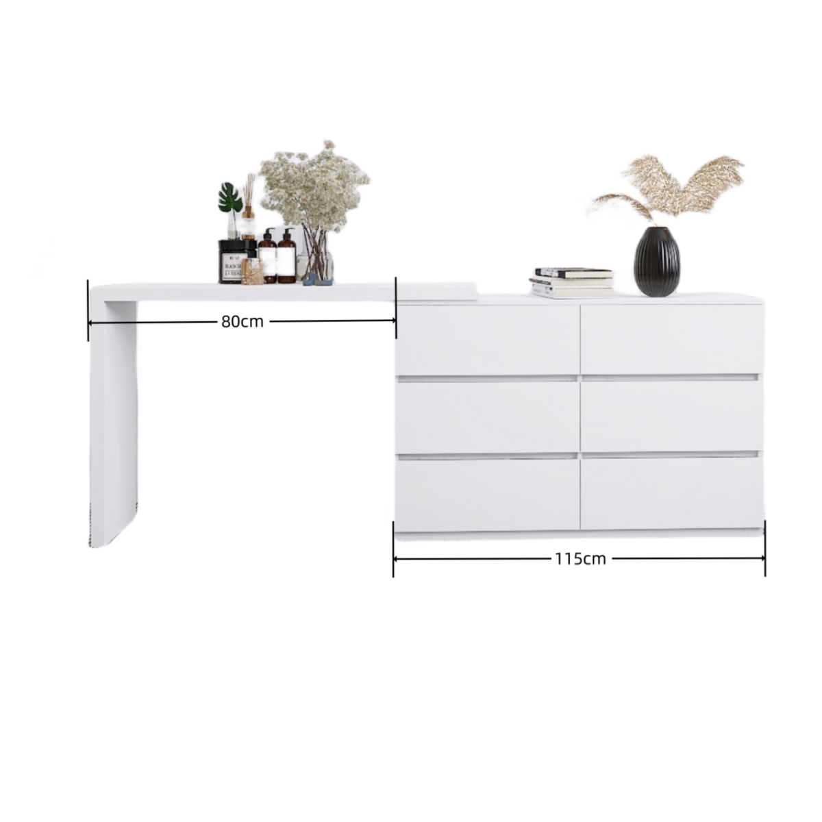 Streamdale Furniture Extended Desktop 6 Drawers Chest Of Drawer Without Handle White Color Vanity