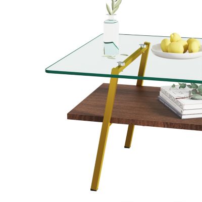 Transparent Glass Coffee Table, Gold Metal Legs