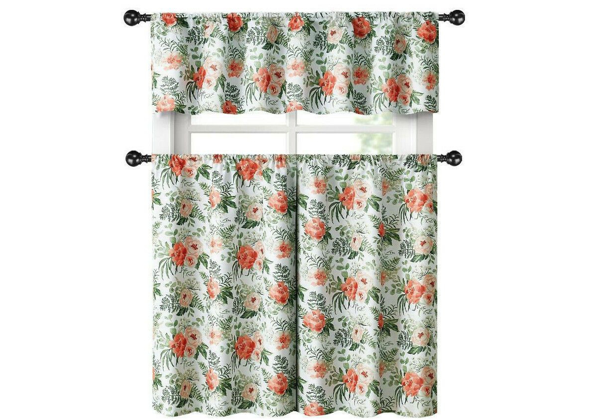 Kate Aurora English Floral Rose Garden Complete 3 Pc Cafe Kitchen Curtain Tier & Valance Set
