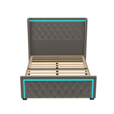Grey Velvet Platform Bed with LED Headboard