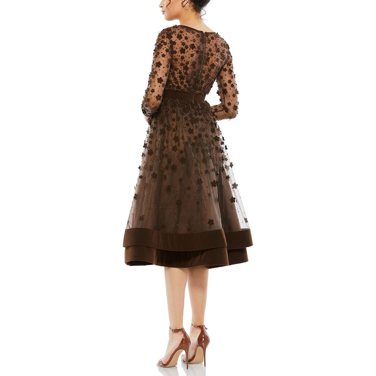 Women's Embellished Illusion High Neck Long Sleeve Fit and Flare