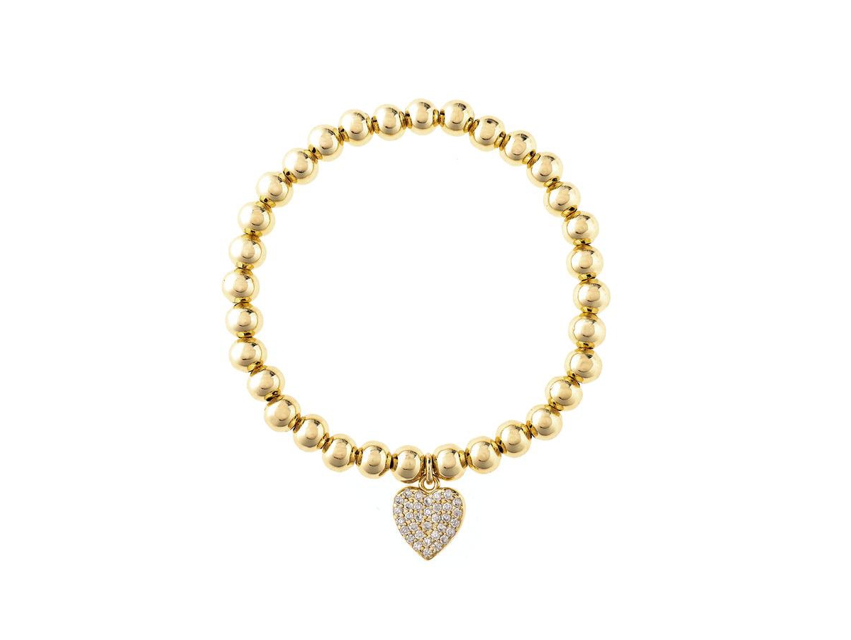 Heart Charm Polished Bead Stretch Bracelet - Gold with clear cz