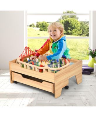 Children's Wooden Railway Set Table with 100 Pieces Storage Drawers