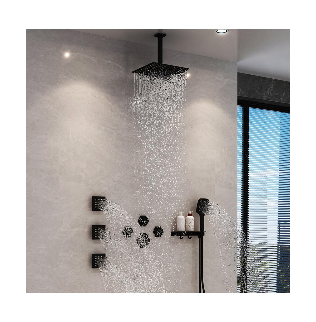 Mondawe Ceiling Mounted Thermostatic Shower System Set with Included Handheld Spray & 6 Body Jets, Brushed Nickel