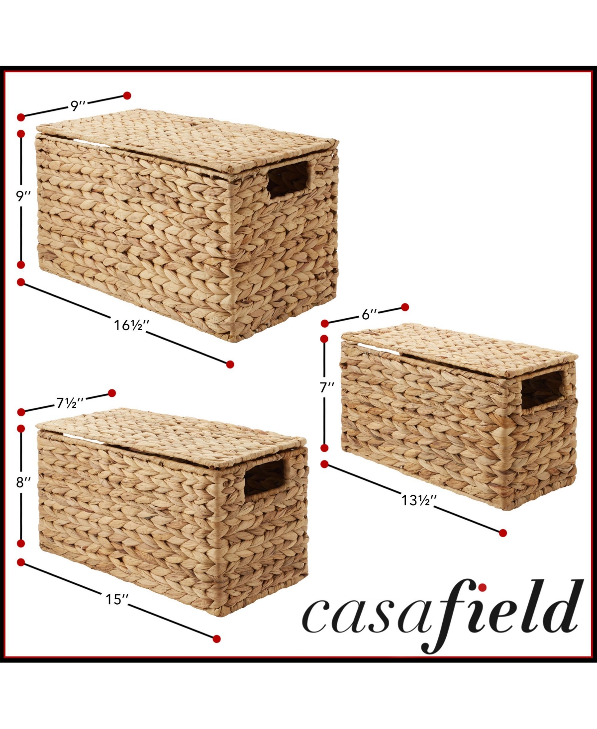 Casafield Set of 3 Water Hyacinth Storage Baskets with Lids, Natural - Small, Medium, Large - Decorative Bins for Bathroom, Closets, Laundry, Shelves