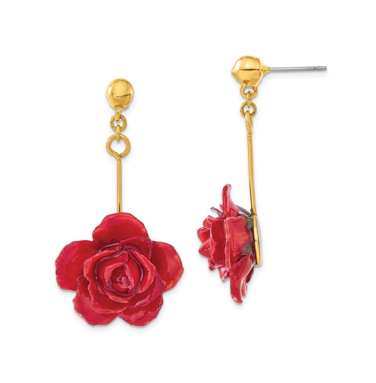 Lacquer Dipped Red Real Rose Gold-tone Dangle Post Earrings - Red