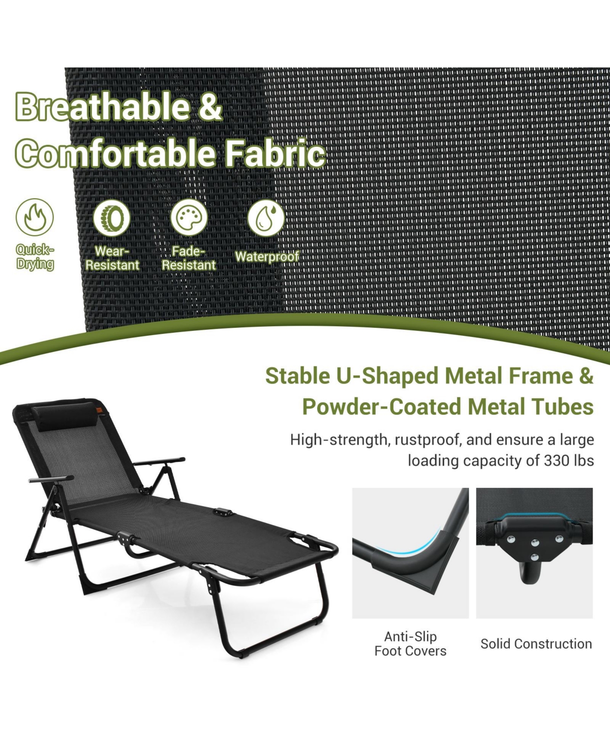 Slickblue 3 Pieces Patio Folding Chaise Lounge Set with Pvc Tabletop- Black