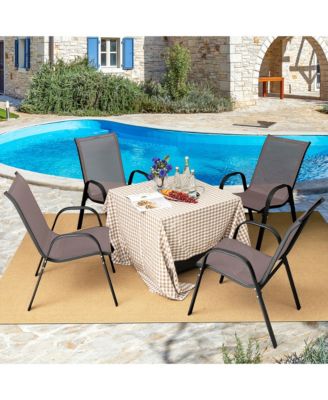 4PCS Patio Stacking Dining Chairs w/ Curved Armrests & Breathable Seat Fabric Brown
