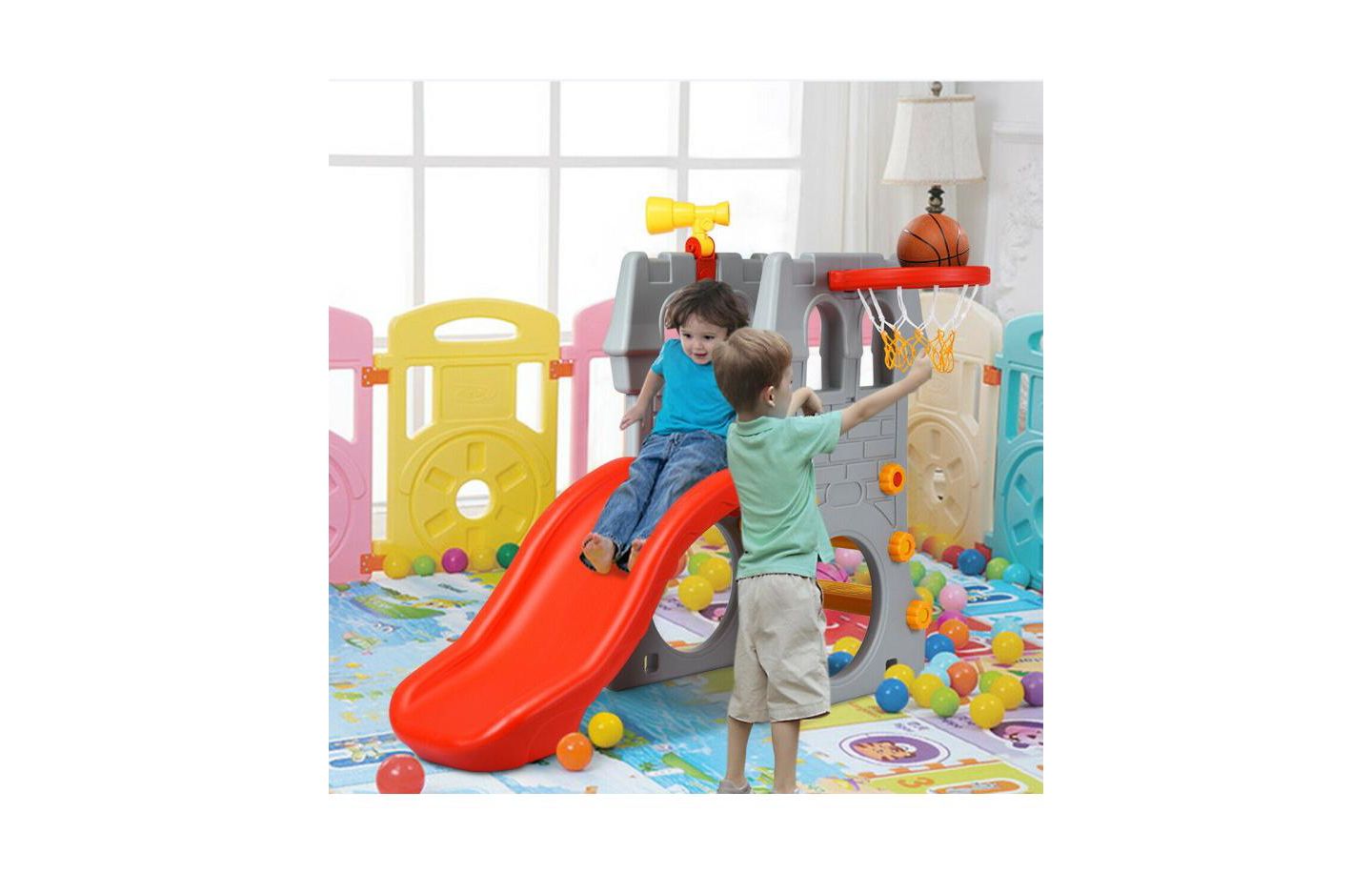 Детский игровой набор Slickblue 5-in-1 Toddler Climber Slide Playset with Basketball Hoop and Telescope, 110 lbs Capacity, 3–8 лет, цвет: Серый — фото 4