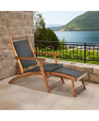 Patio Rattan Folding Lounge Chair with Acacia Wooden Frame Retractable Footrest