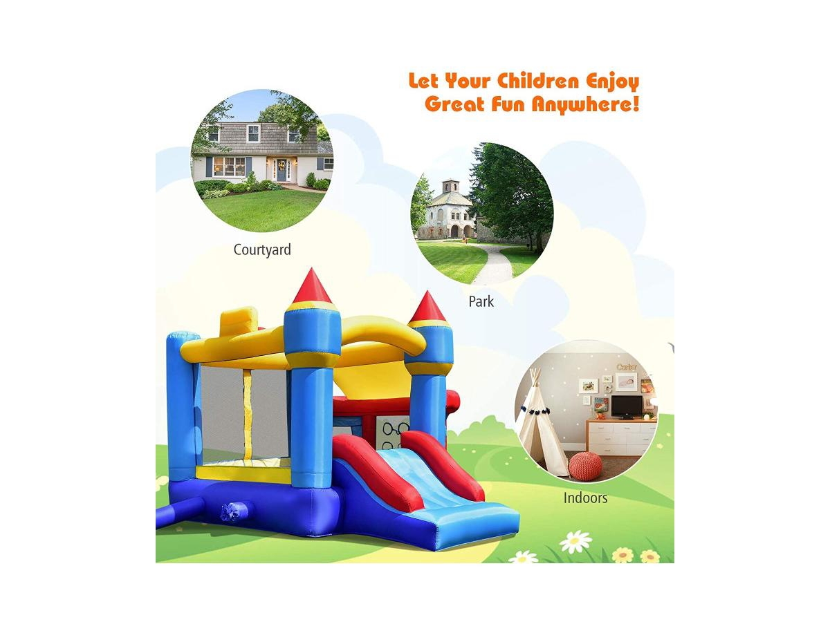Slickblue Castle Slide Inflatable Bounce House with Ball Pit and Basketball Hoop