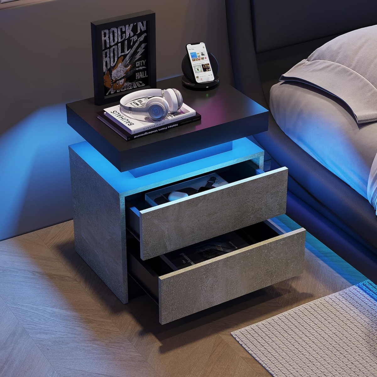 Simplie Fun Nightstand Led Bedside Table Cabinet Lights Modern End Side With 2 Drawers For Bedroom (Gray)