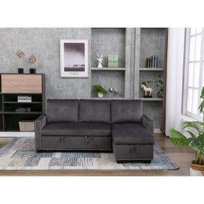 L-Shaped Velvet Sectional Sleeper Sofa, Dark
