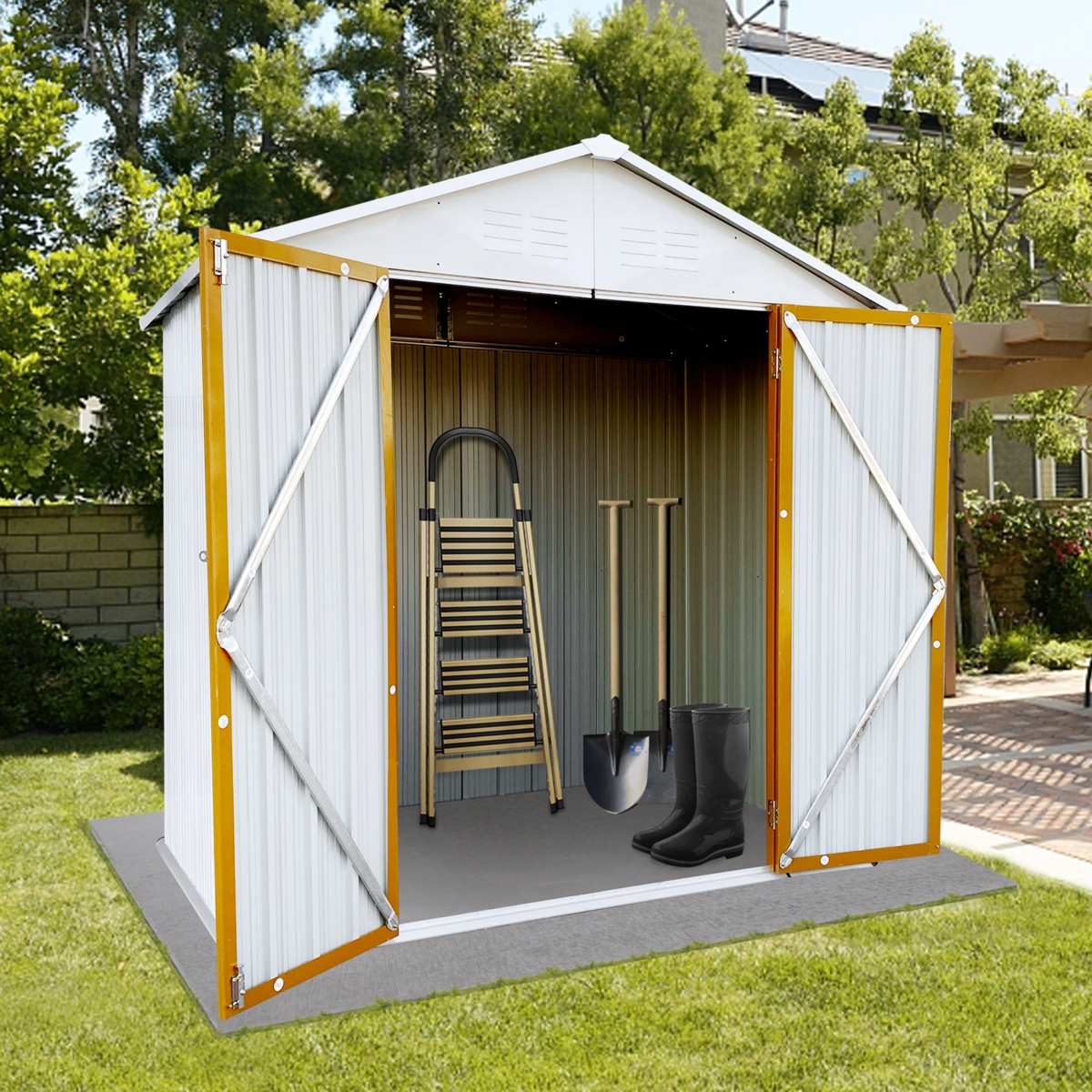 Outdoor Storage Sheds 4FTx6FT Apex Roof White+Yellow - White