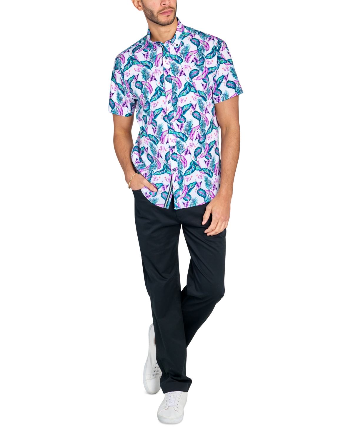 Society of Threads Men's Regular Fit Non-Iron Performance Stretch Leaf Print Button-Down Shirt