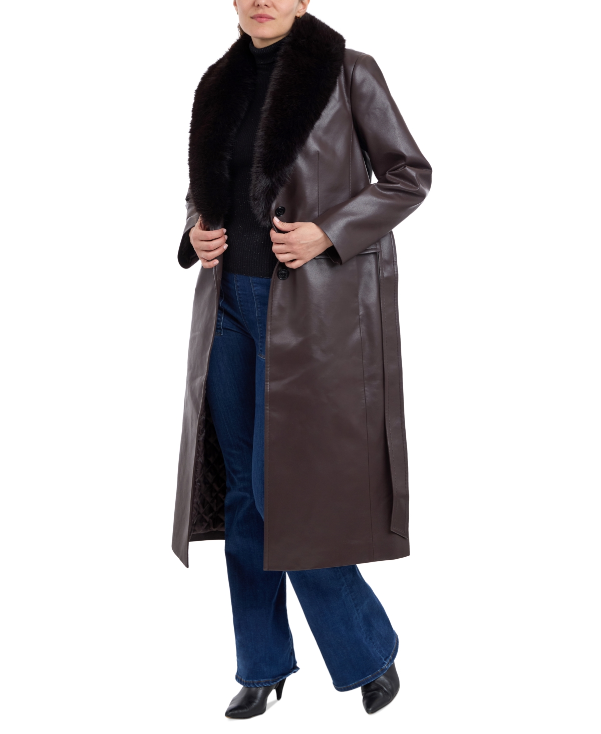 Michael Michael Kors Women's Faux-Fur-Trim Faux-Leather Trench Coat