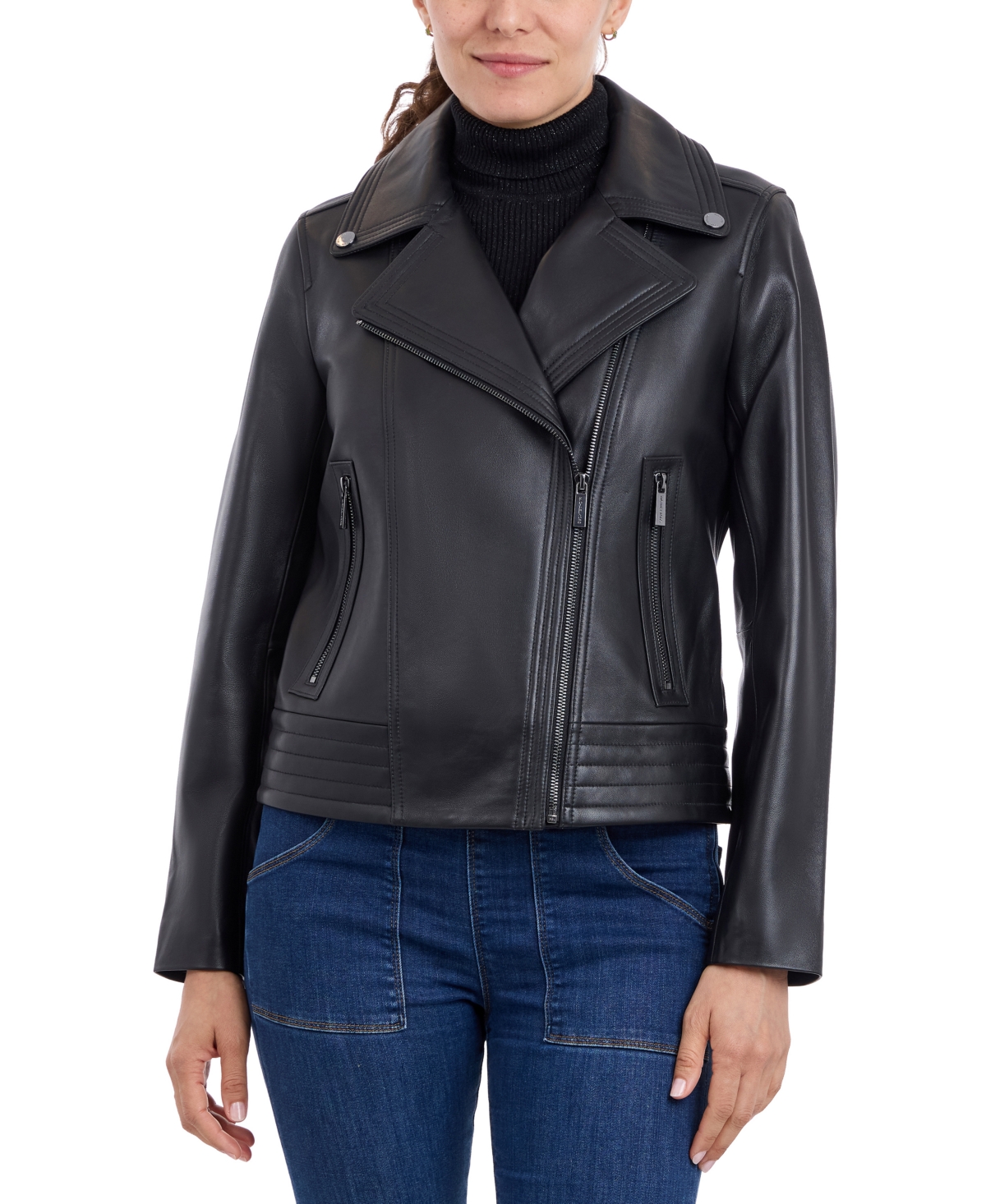 Michael Michael Kors Women's Asymmetric Leather Moto Coat - Black
