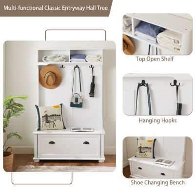 Coastal Style White Hall Tree Bench with Shoe Cabinets