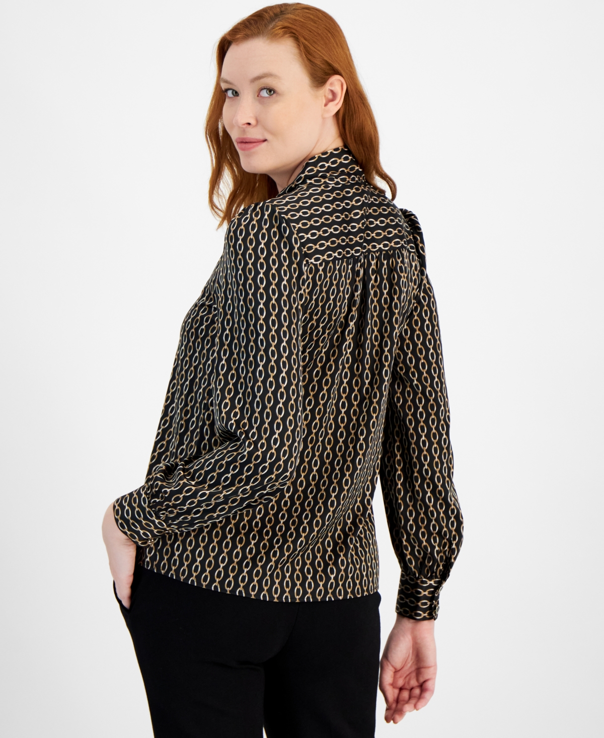 Anne Klein Women's Chain-Print Tie-Neck Blouse