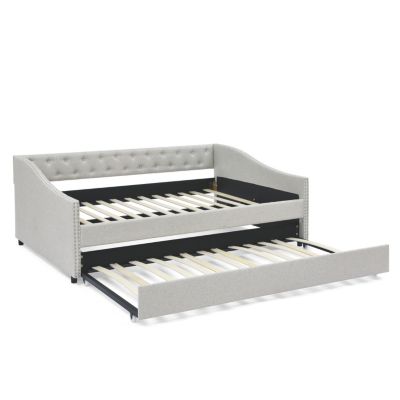 Upholstered Daybed with Trundle, Beige (80.5"x55.5"x27.5