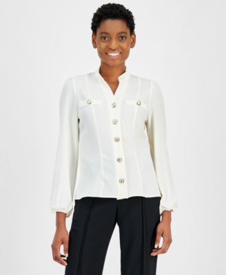 Anne Klein - Petite High-Neck Blouson-Sleeve Blouse