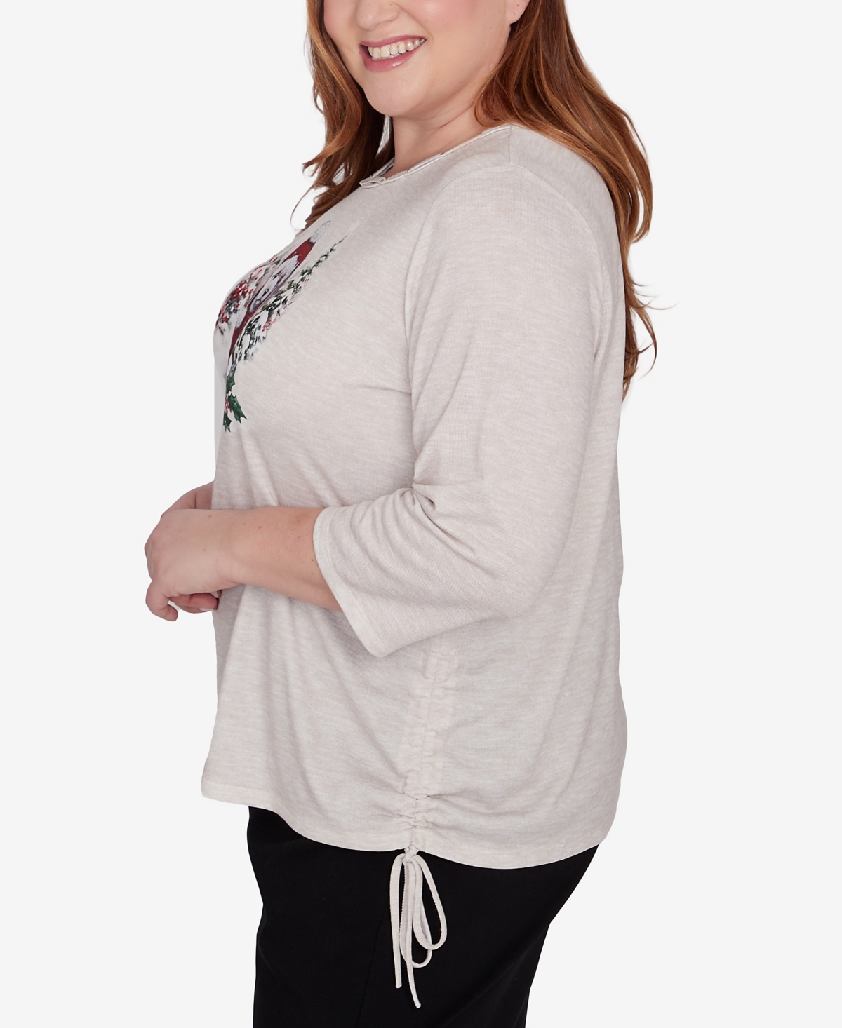 Alfred Dunner Plus Size Classic Festive Poodle Drawstring Top In Oatmeal
