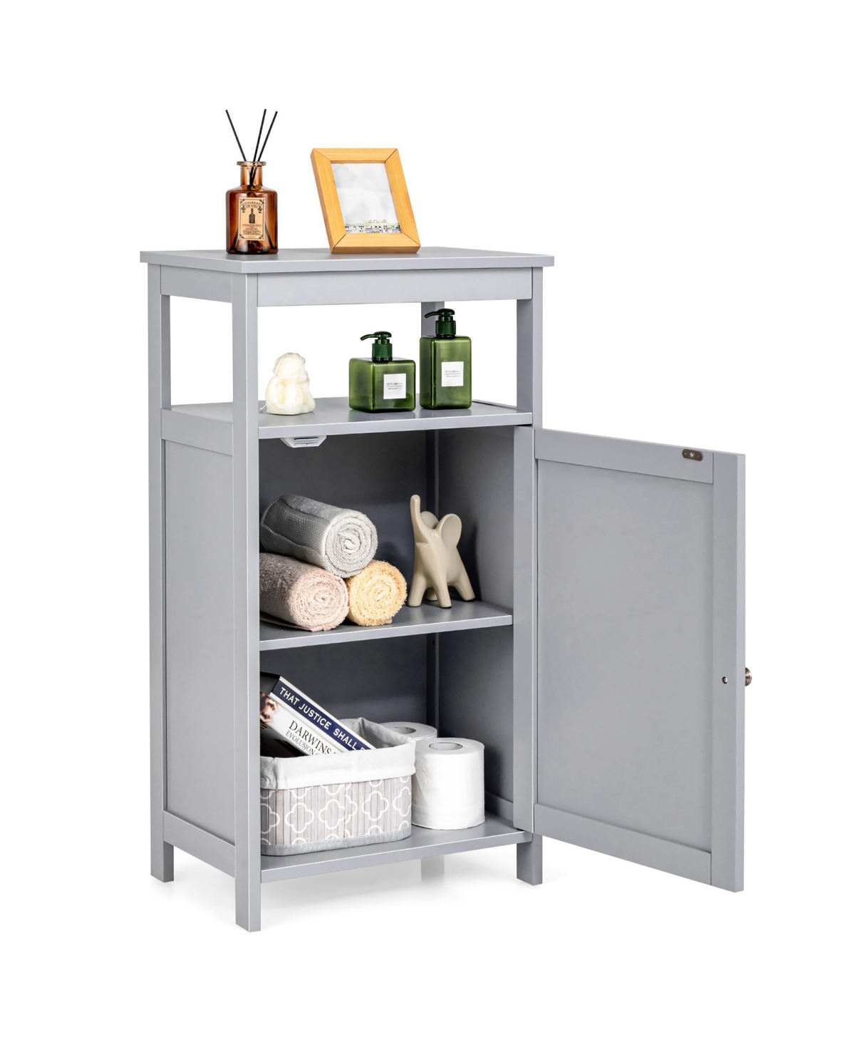Bathroom Wooden Floor Cabinet Multifunction Storage Rack Organizer Stand - Grey